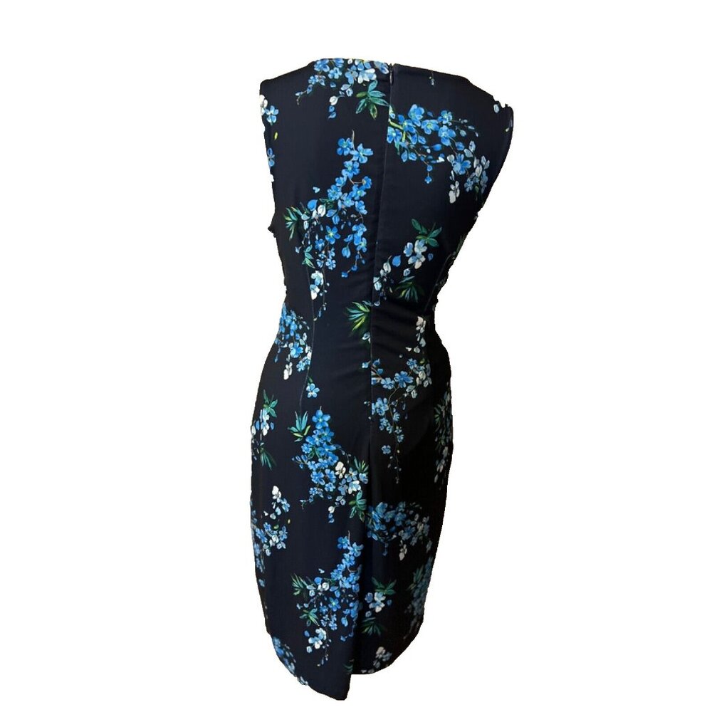 T Tahari Dress 10 Blue Floral Sleeveless Stretch Sheath Career Church Washable - Picture 5 of 9